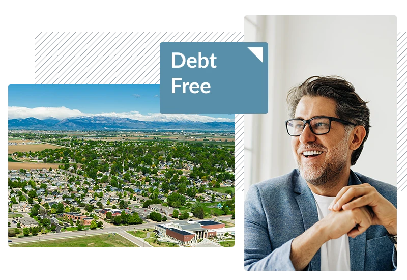 Smiling investor next to a photo of the Colorado Front Range and the words Debt Free