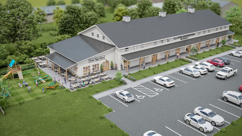 Aerial visualization rendering of the Trapper's Rendezvous planned for Fort Lupton, Colorado.