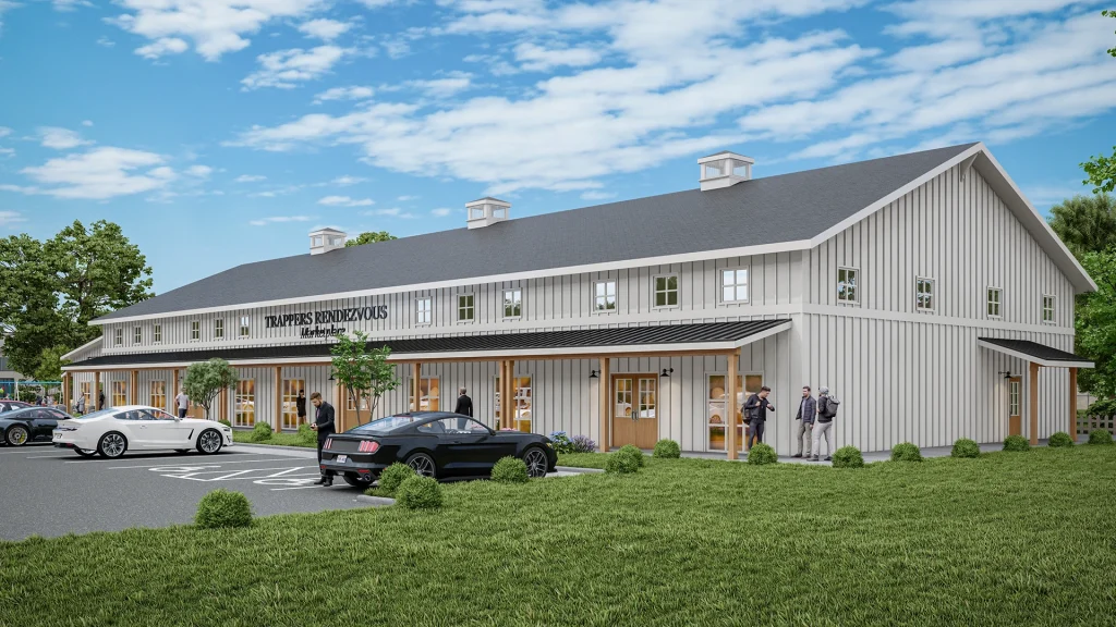 Ground-level exterior visualization rendering of the Trapper's Rendezvous planned for Fort Lupton, Colorado.