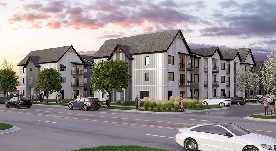 Exterior rendering of The Landings apartment complex in Fort Lupton, Colorado