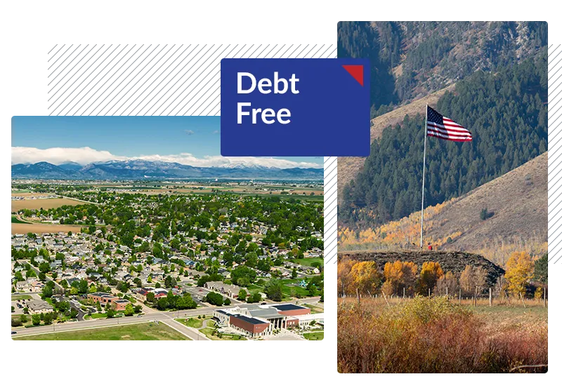 Colorado Front Range showing an American Flag and a city. The words "Debt Free" are overlayed.